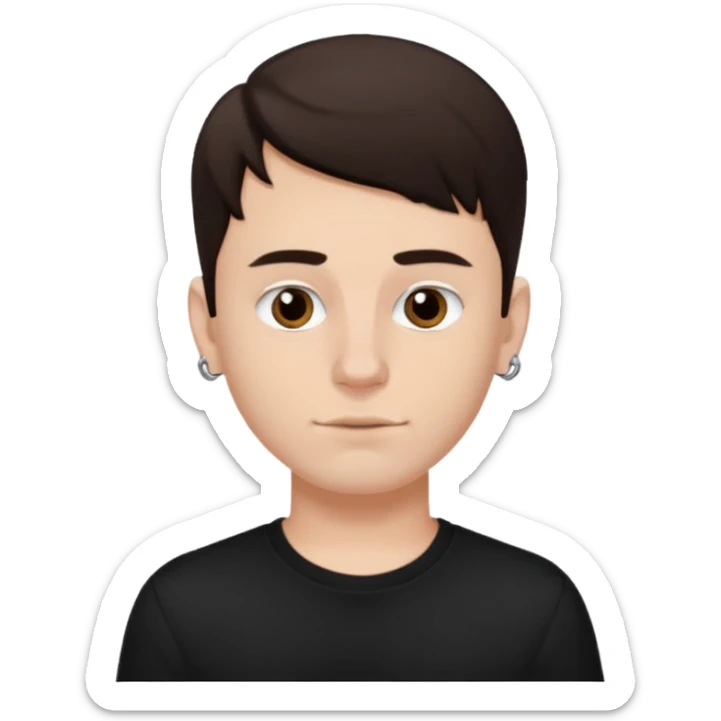 a white boy with dark brown hair, brown eyes, black septum nose piercing, black shirt sticker