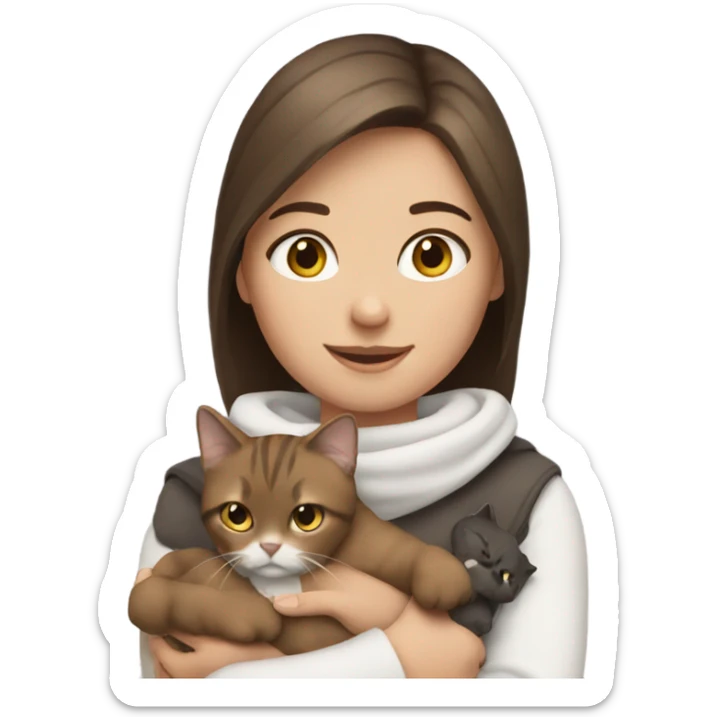 Girl with brown hair, holding 2 cats. One cat is brown & white. The other cat is grey & white.  sticker