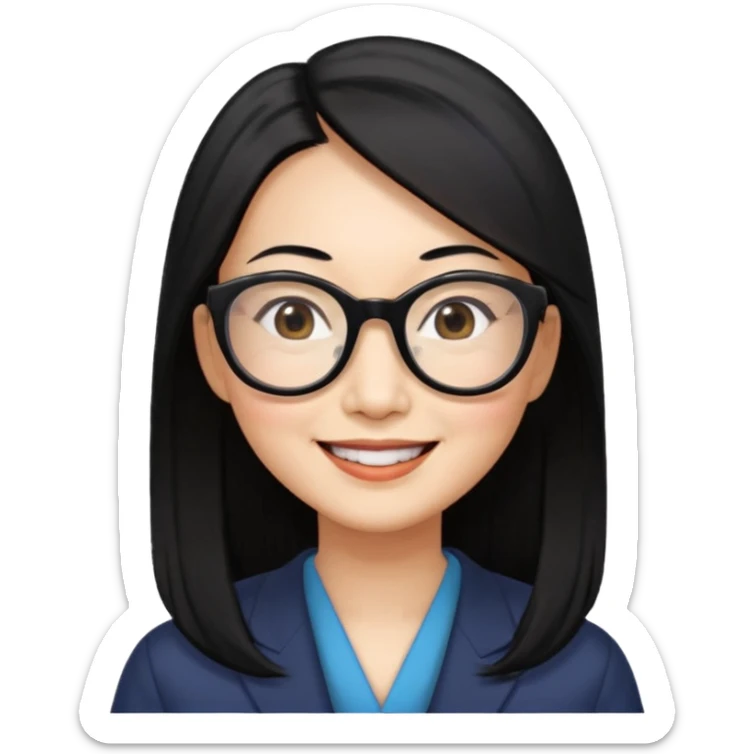 50 yr old asian woman, long straight black hair, side part, big glasses sticker