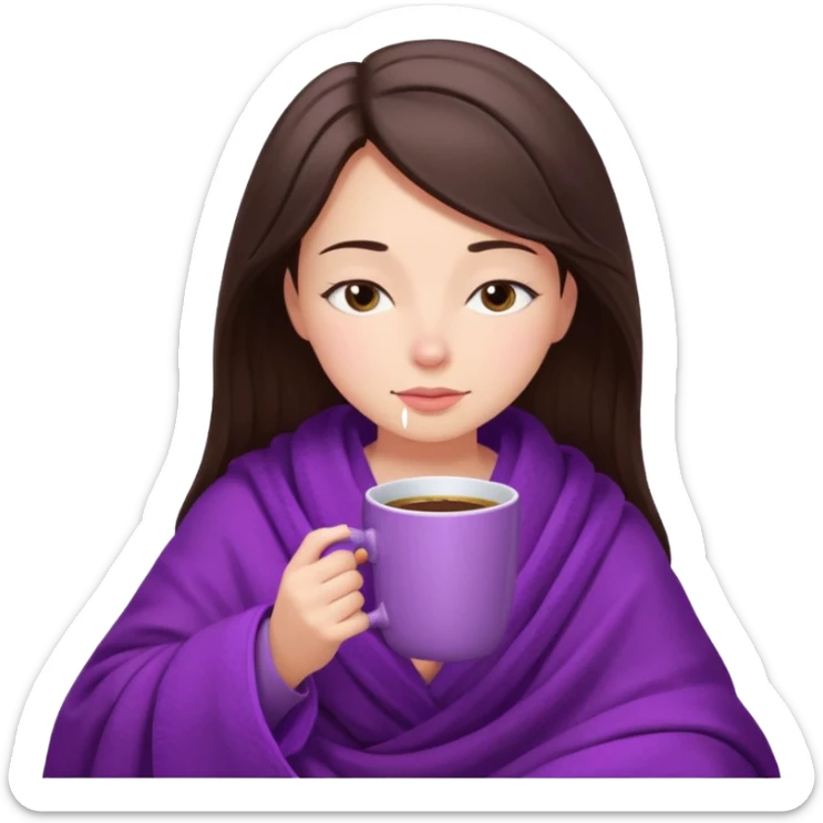 girl brunette inside a violet blanket sipping coffee from pink mug eyes closed iphone style sticker