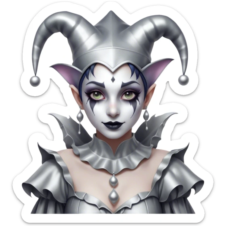 Cinematic girl in the style of a Jester, Ultra realistic 32k HD, Breathtaking piece of art, rim lighting, hauntingly beautiful art, mostly greyscale, Balanced features, highly detailed digital artwork, glowing with silver light, glowing, high shine, deviant adoptable, highly detailed clothing, remembrance, a painting of white silver, fanciful, enchanting, ghostly, embodying the essence of both reality and fantasy, dreamy, dreamy glow, optical illusion, immaculate composition, complex pose, air composition. The image is so lifelike that it feels as though it could leap off the canvas at any moment sticker