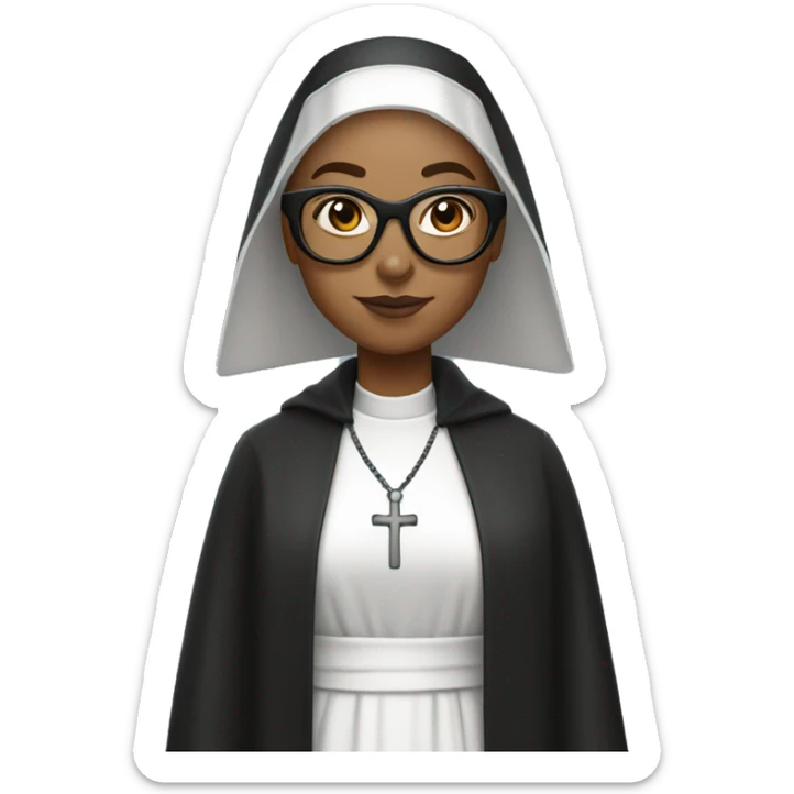 Female nun with medium skin tone and curly hair wearing spike Lee glasses sticker