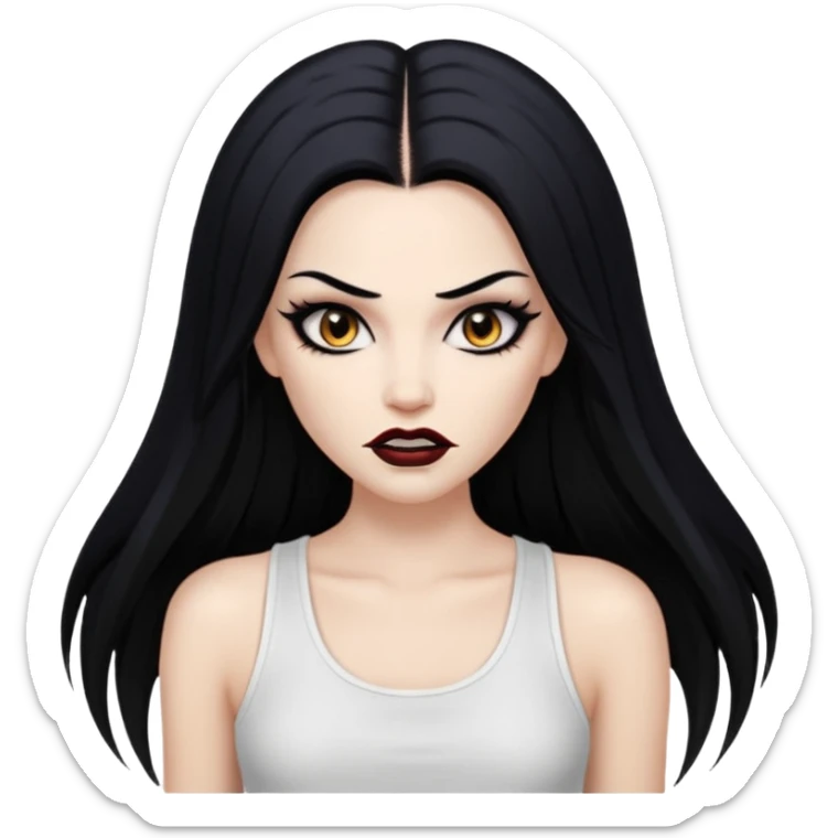 White woman with a white tank top long black hair glossy middle part straight long hair vamp look with fangs brown eyes eyeliner winged with lashes top and bottom white border big lips black eyebrows sticker