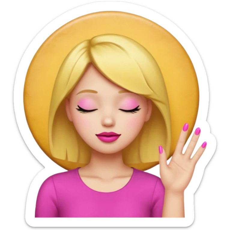 Yellow circle emoji sighing and drumming fingers up the side of their head the eye is closed it is a side profile pink lipstick and pink nails sticker
