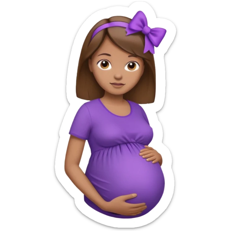 Brown Hair, straight, light brown skin, purple shirt, pregant, head, neck and abdomen only, purble bow in hair sticker