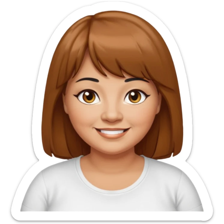 middle aged overweight woman with tan skin, black eyeliner, long brown hair with bangs, brown eyes, smiling, white t-shirt sticker