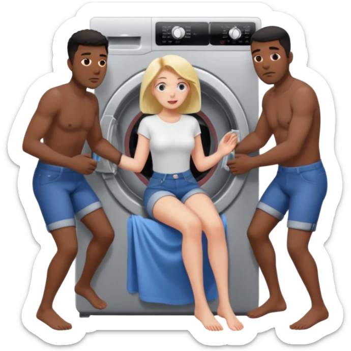 Eine Frau steckt bis zum Bauch in einer Waschmaschine fest und nur die Beine gucken raus und zwei schwarze männer ziehen an ihren Beinen um sie raus zu holen  sticker