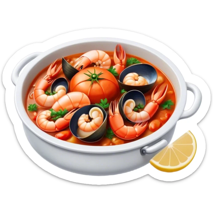 Cinematic Realistic Buzara Seafood Dish Emoji, depicted as a rustic, flavorful seafood stew with shellfish rendered with rich textures and dynamic, maritime lighting. sticker