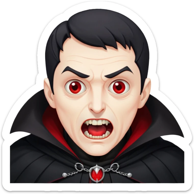 Nam 50 tuổi, mắt đỏ, da trắng, tóc ngắn màu đen,mồm mở rộng, có răng nanh, mặt hơi đáng sợ như ma cà rồng, áo măng tô cổ cao màu đen, nửa thân trên sticker