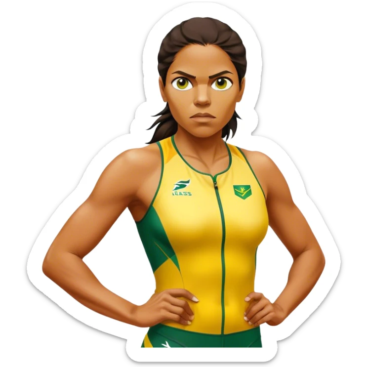 Cinematic Realistic portrait of Cathy Freeman, shown as an iconic Australian sprinter with a focused, determined expression and modern athletic yellow and green attire accented with subtle native motifs, rendered in dynamic, vibrant lighting sticker