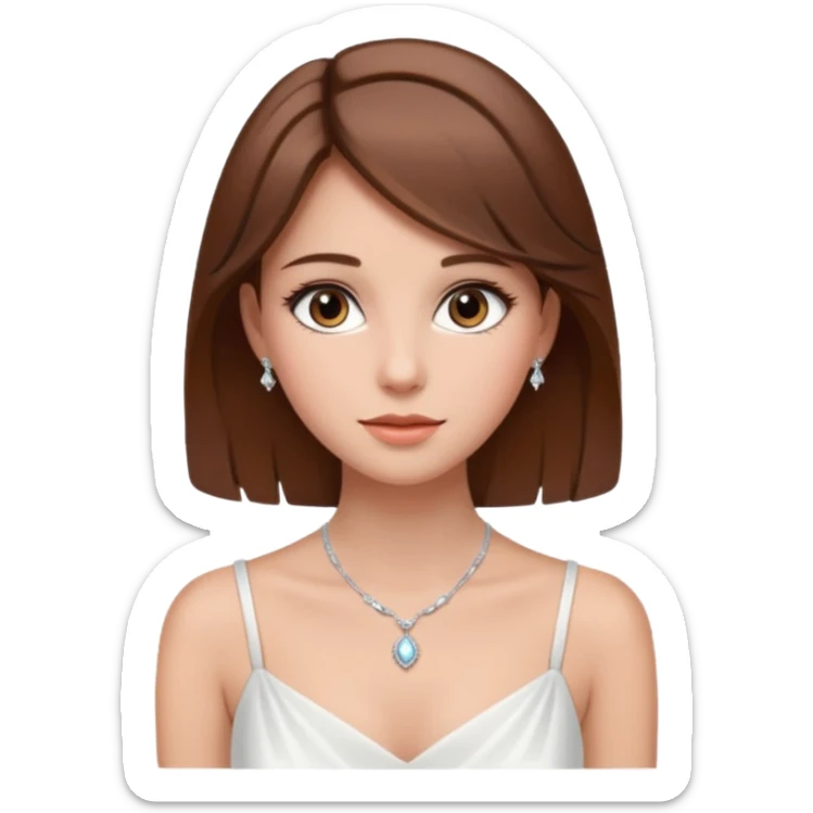 a middle brown hair girl with elegant white dress, wearing necklace, wearing makeup sticker