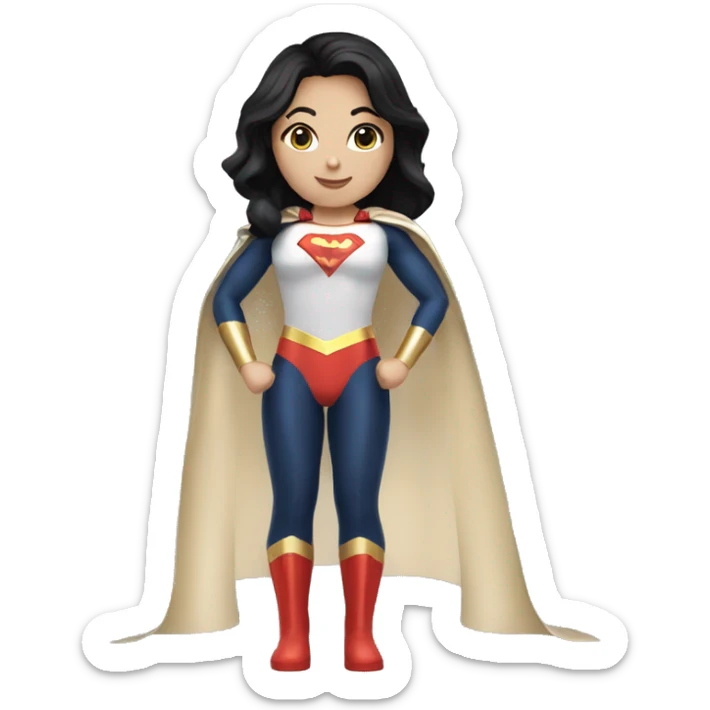 White girl in a superwoman costume and a cape with black hair holding a champagne bottle sticker