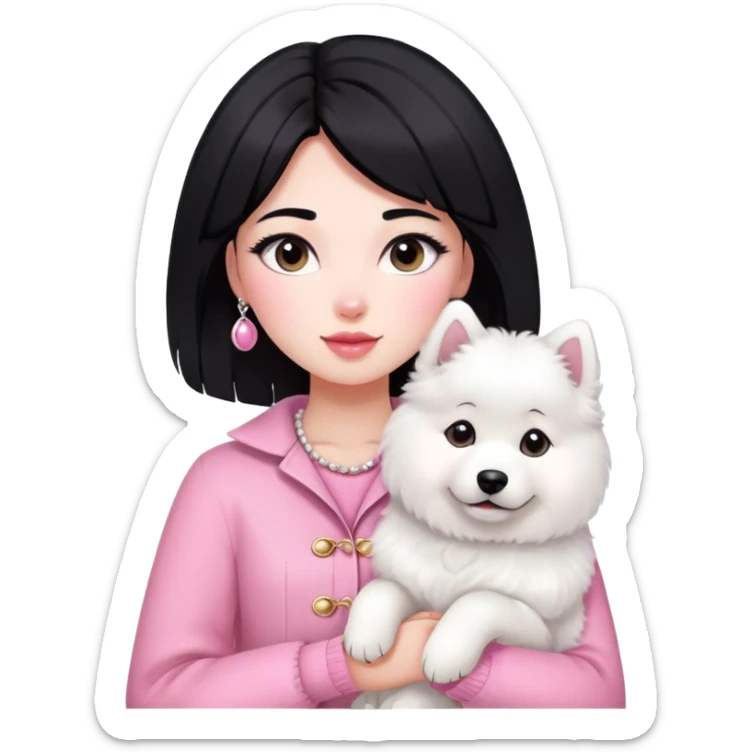black-haired girl in pink Chanel style outfit with white Samoyed dog sticker