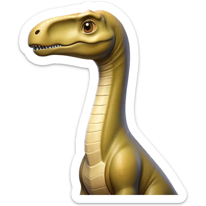 Cinematic Noble Brachiosaurus Portrait Emoji, Poised and majestic, with a towering, elongated neck stretching gracefully from a robust, column-like body, a small, gentle head with curious eyes, and subtle, textured skin in earthy tones, Simplified yet sharply defined features, highly detailed, glowing with a soft, golden radiance, high shine, intelligent and serene, stylized with an air of prehistoric grandeur, focused and calm, soft glowing outline, capturing the essence of a watchful and confident Brachiosaurus that appears ready to gracefully emerge from the screen with effortless power! sticker