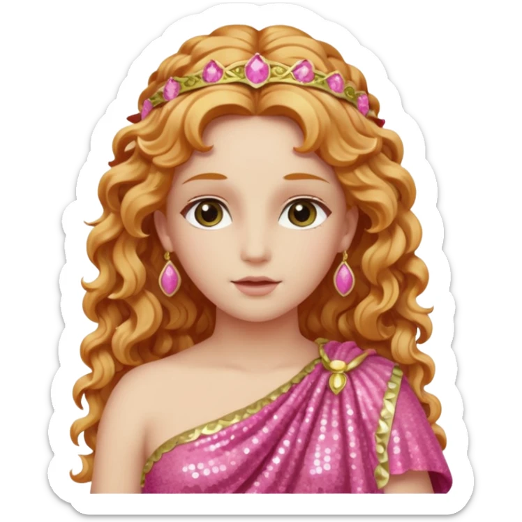 Venus, Goddess of Love from Roman Deities with long strawberry blonde wavy hair, pink sequin toga sticker