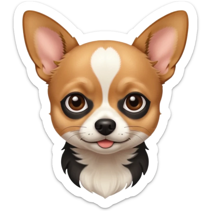 Chihuahua with white black fur on the forehead and a brown snout with a black nose sticker