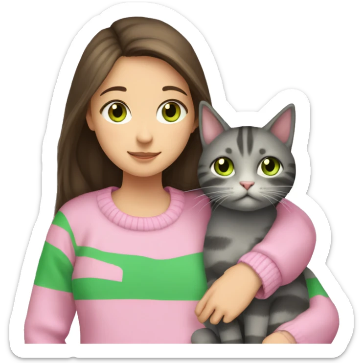 Brunette girl with long hair and green eyes in a pink sweater hugs a gray striped cat. The cat has brown eyes sticker