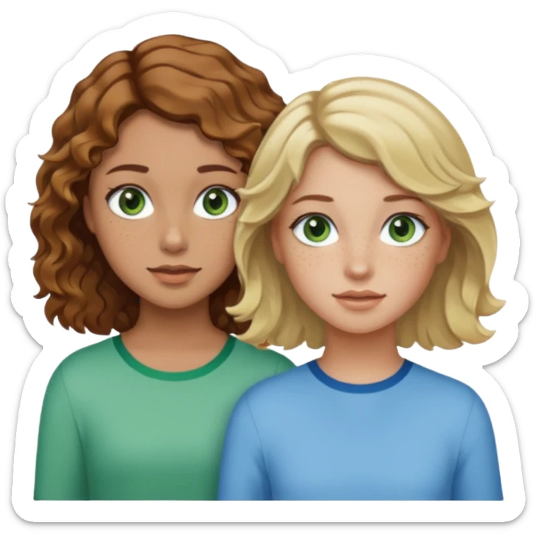 À girl with wavy brown hair, light tan skin and green eyes and freckles next to a girl with short blonde wavy hair, tan skin and light blue eyes sticker