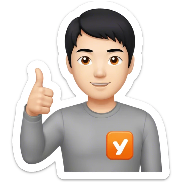 Thumbs up, but with black hair representing an asian man. Grey shirt, with a small logo that is shaped in solid Orange, and a white "Y" inside of it. sticker