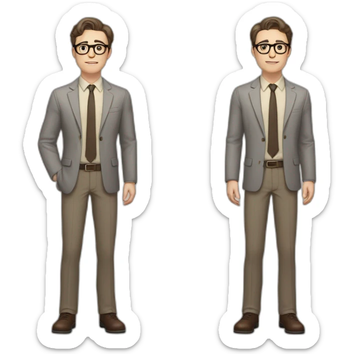 Full height Pale skinned Fit Man With dark brown hair in gray jacket, beige office shirt, tie, Brown pants and vintage glasses. Thrumbs of his palms directed up sticker