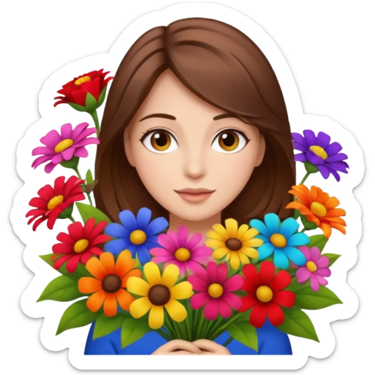 brown hair woman with big bouquet of flowers sticker