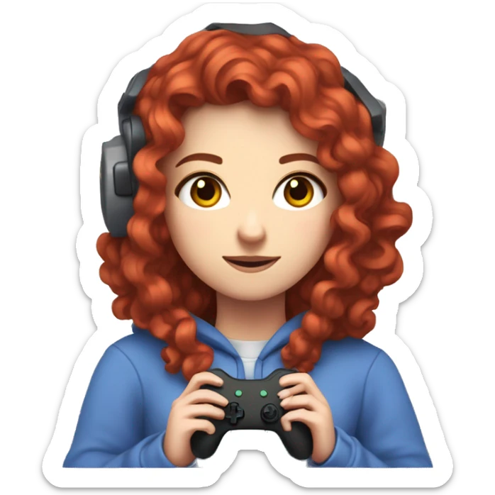 a white girl with long red curly hair, wearing periwinkle Minecraft hoodie holding a controller sticker