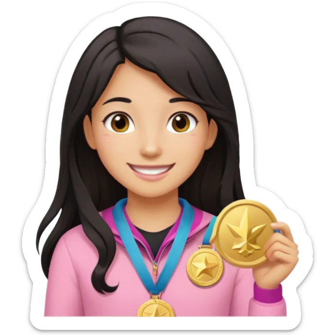 black haired girl wearing pastel pink with one medal, remove any hats, make her smile, make her hair longer, make her tan. no blue please and i said one medal only sticker