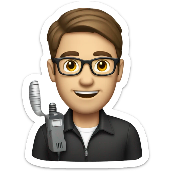 A man with brown hair and glasses holding a radio walkie talkie sticker