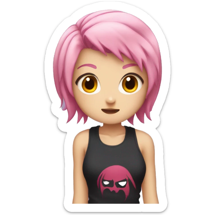 anime girl in sportswear, a tank top, pink hair and fangs like a vampire, but small sticker