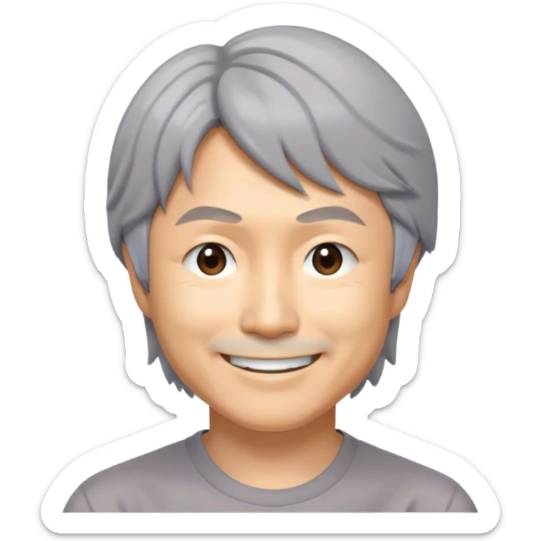 ​Cinematic Realistic Portrait of a Smiling Shigeru Miyamoto, depicted with warm, approachable features, gentle grey-tinted hair, and kind, expressive eyes, set against a subtle backdrop hinting at iconic video game imagery, rendered with lifelike textures and soft, inviting lighting that captures his innovative spirit, sticker