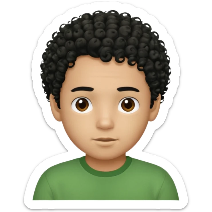 Curly, dominican boy, Phototype II, black hair, with green shirt sticker