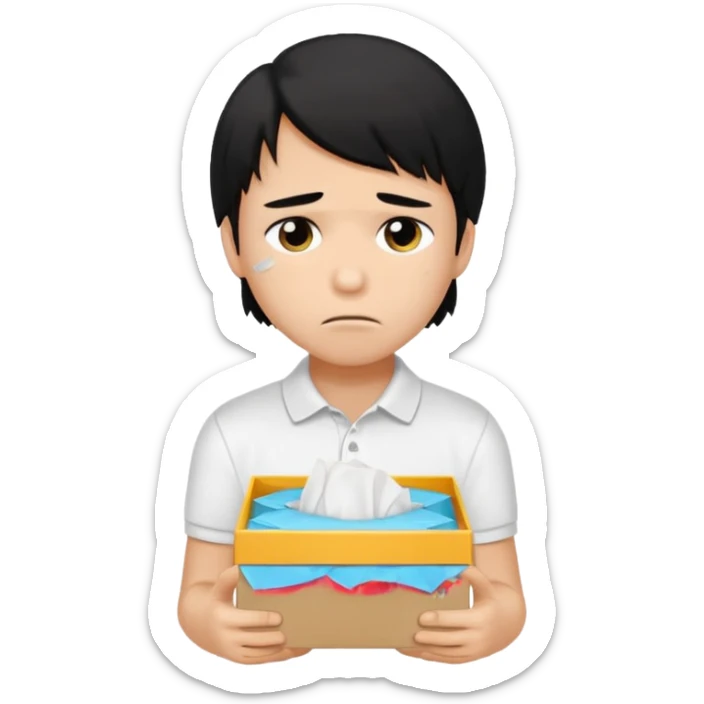 generate a pretty bratz boy with long black hair, wearing a white polo shirt. Looking sad, holding a box of tissues sticker