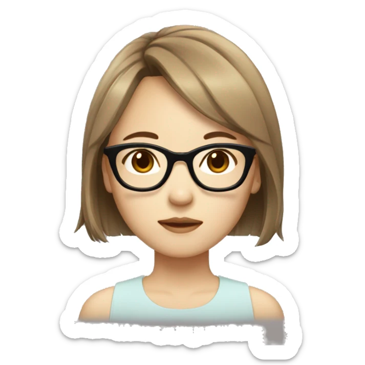 Korean girl with glasses, medium length hair, side bangs and light brown hair sticker