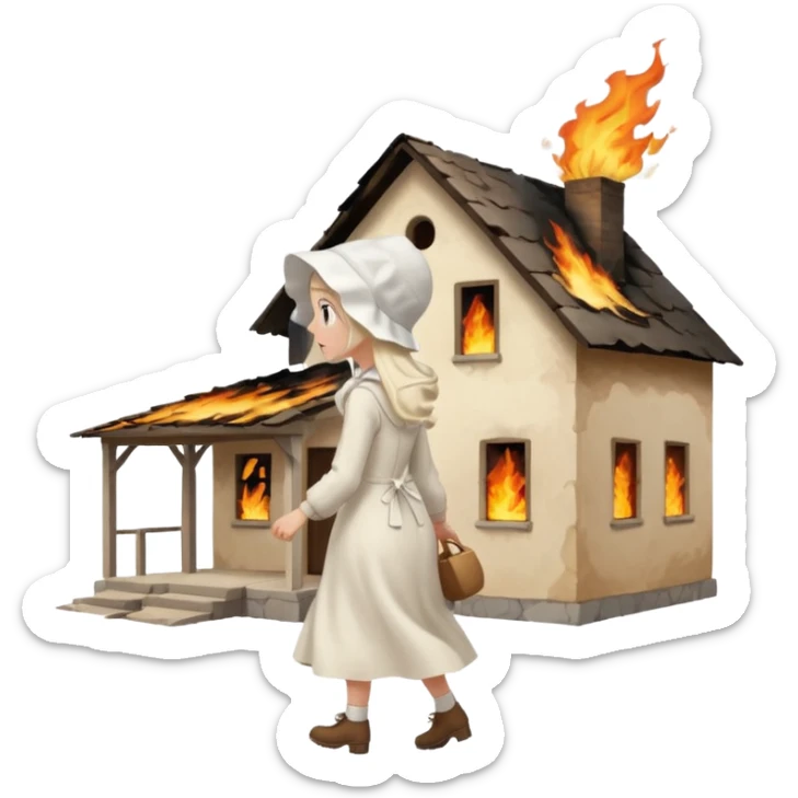 handmaids tale style woman burning house down walking away from house. shes wearing the nun hands maid tale hat cant see her face sticker
