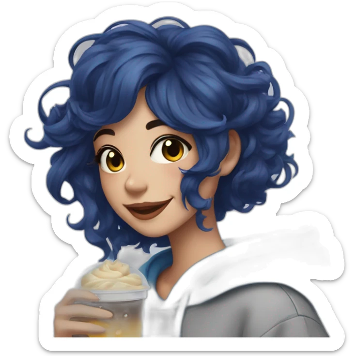 beautiful girl with midnight blue hair, bright smile, comfy hoodie, drinking boba sticker