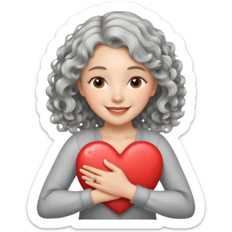 Silver hair, wavy/curly hair chin-length lady giving hug with 2 arms,  v-neck and smiling, add a heart sticker