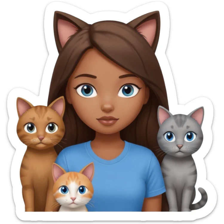a pretty bratz dusky girl with long brown hair, blue eyes with six cats nd wearing a grey tshirt sticker