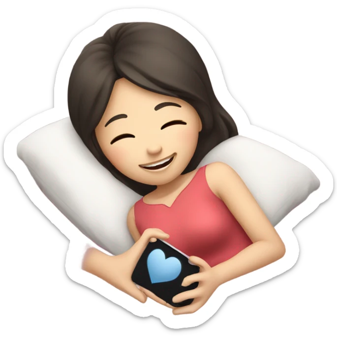 asian girl laying in bed texting her boyfriend with a heart sticker