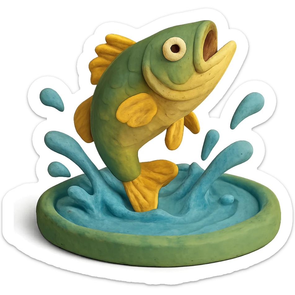 bass jumping out of a pond with water splashes, playful and colorful, claymation style sticker