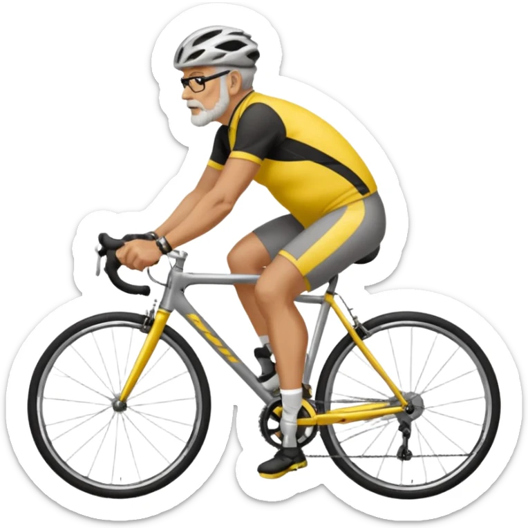 emoji of a 60-year-old man, about 200 lbs, no beard, no eyeglasses, in loose cycling clothes, yellow and black top, straddling a grey road bike, graphic design, adding a background of a road in a neighborhood or highway sticker
