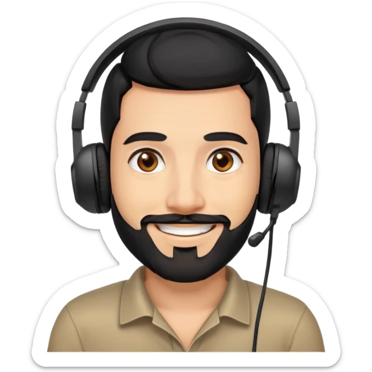Happy smiling man with black hair, brown eyes, black beard wearing a gaming headset sticker