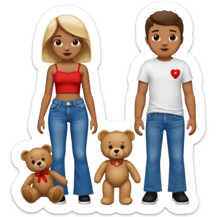 A boy and a girl teddy bear for the boy bear put on true religion shirt and jeans with black shoes and for the girl put flare jeans and a red tube top and white shoes sticker