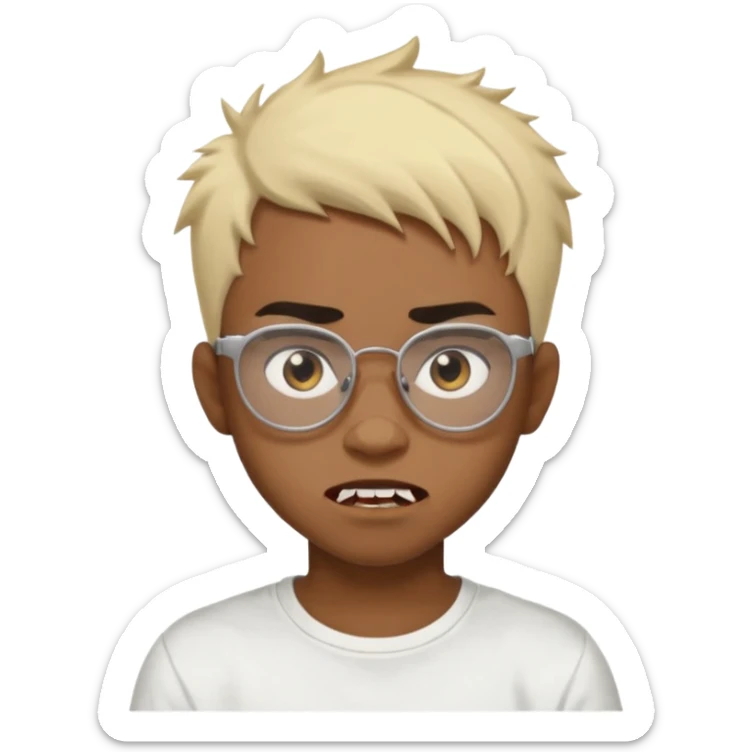 Black Male Teenager with Short punk messy blonde hair, Dark brown bushy eyebrows large expressive golden-brown eyes, wearing a plain white t-shirt, wearing glasses, Dark Brown skin color. vampire tooth sticker