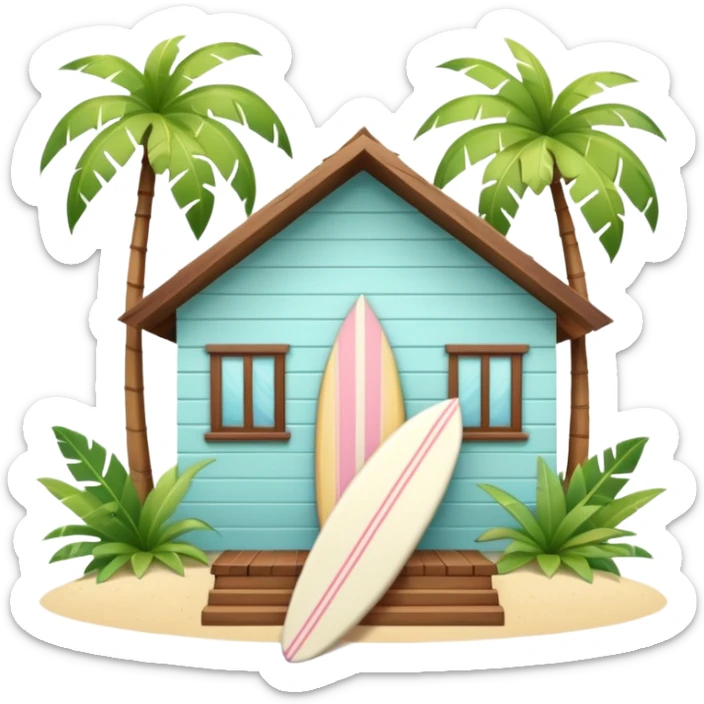 Hawaiian bungalow house, pastel colors, wooden porch, surfboard leaning on wall, palm leaves, tropical vibe, cute mobile game icon style, 3D cartoon, clean background, no text
 sticker