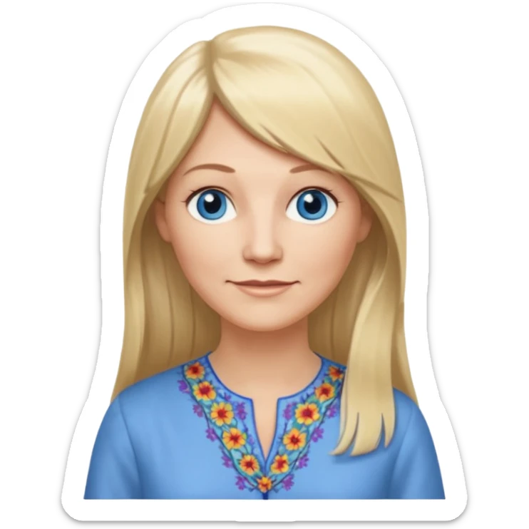 50 yr old white woman, hippie part bangs, very long straight blond hair, oval face, small smile, blue eyes, thin face, hair downback, hair parted at center of head, round cheeks, pale, longer hair, dress shirt sticker