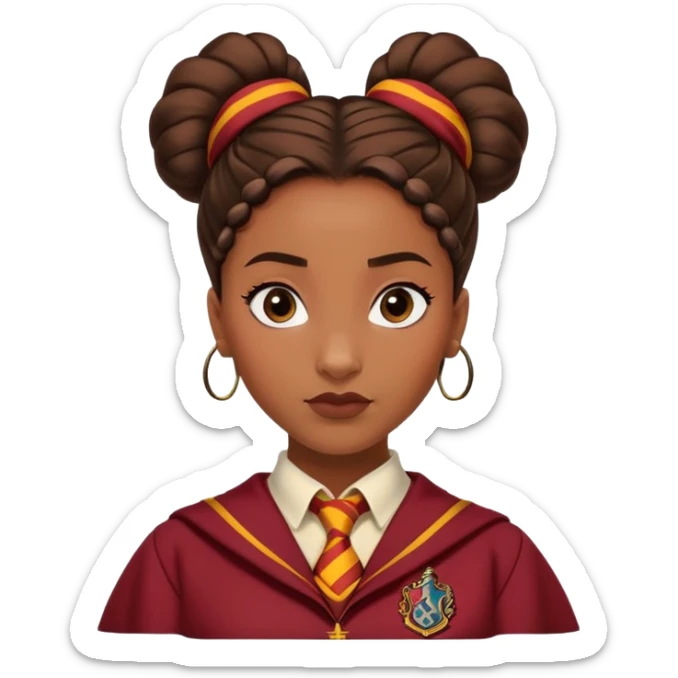 Tiana Benjamin is Angelina Johnson in harry potter, wear hogwarts gryfindor uniform,  thick, brown knot bun hair , reflecting her bold, stylish, and strong personality sticker