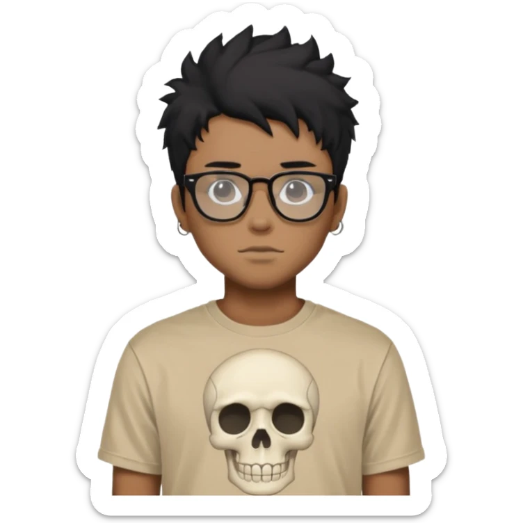 black anime hair guy with skeleton makeup wearing a stussy tshirt with glasses sticker