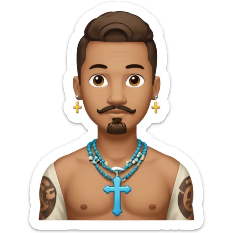 Deci creează mi un emoticon cu un băiat mai creol care are doar o coadă are cercel intr o ureche are tatuaje și barba cioc și mustața și are lanț la gât cu cruce vreau să fie cu totul cu tot cu corp și cercel vreau să aibă doar intr o ureche nu în ambele  sticker