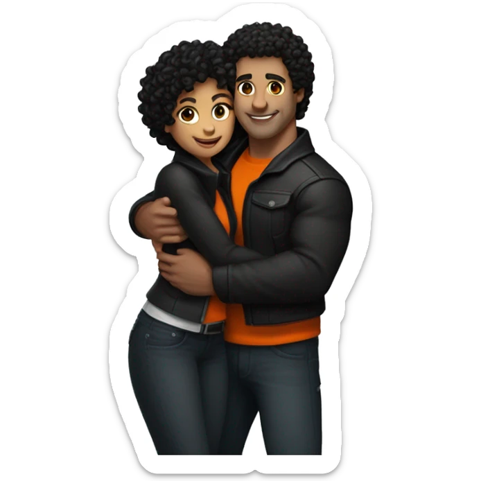 He is a muscular, well-shaped man, his hair is zero on the sides but curly on top, he is a little brunette, and he is wearing a black jacket. and the woman with light black hair and orange tips hugging him. sticker