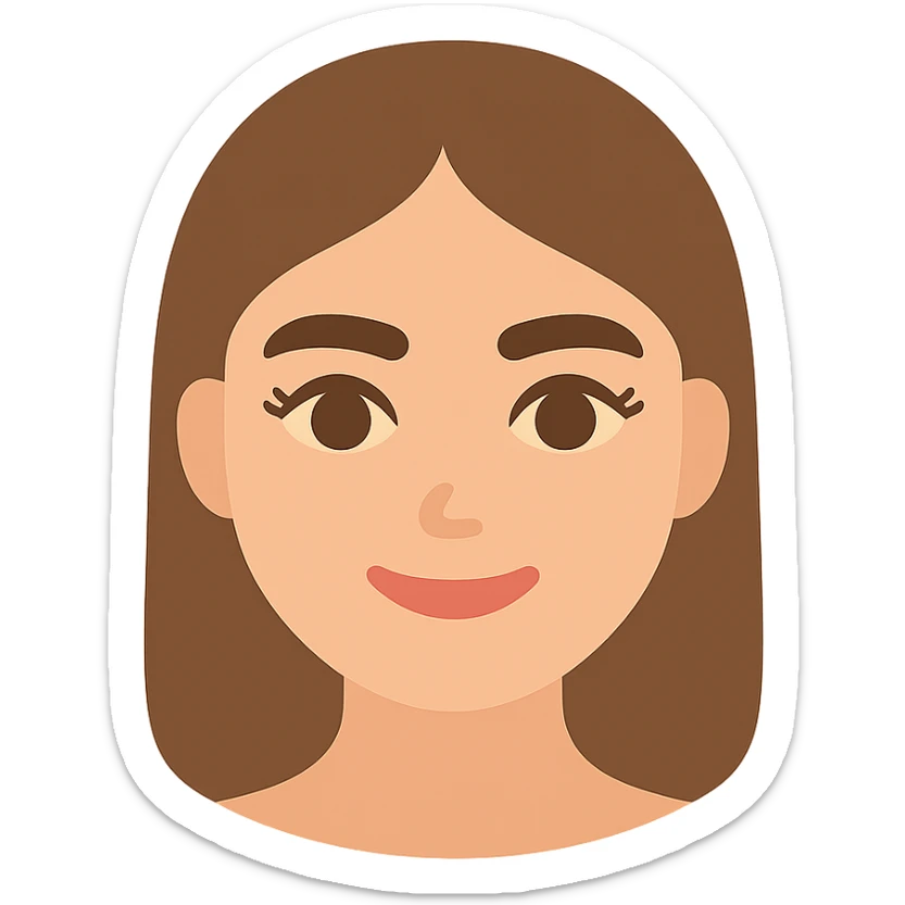 pretty girl with thick eyebrows, straight brown hair and brown eyes, curled eyelashes, color icon sticker